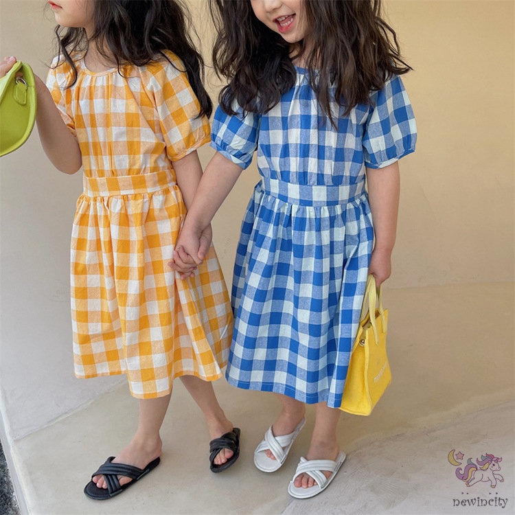 Đầm Cotton Ngắn Tay Họa Tiết Sọc Caro Thời Trang Mùa Hè Hàn Quốc Cho Trẻ Em