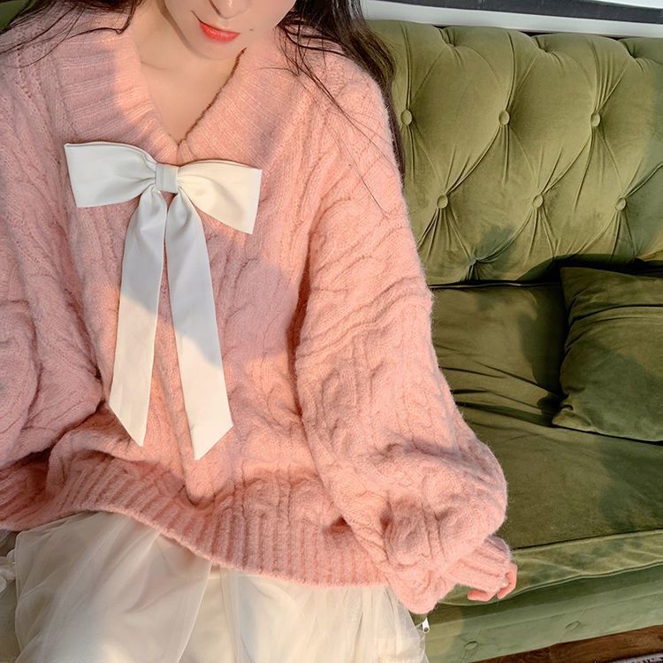 UIOWOO  Áo Sweater Dệt Kim Cổ Chữ v Dáng Rộng Màu Hồng Thời Trang Mùa Đông Cho Nữ