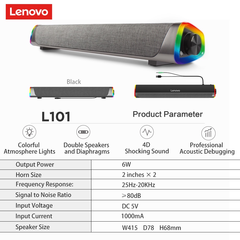 [Mã ELHACE giảm 4% đơn 300K] Loa có dây soundbar chính hãng Lenovo L101 - Âm thanh vòm 4D - Chất lượng Hi-Fi