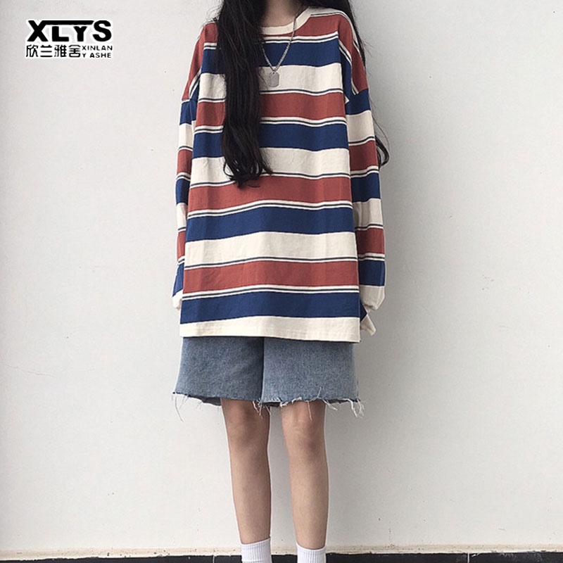 Áo sweater XINLANYASHE tay dài cổ tròn dáng rộng size lớn màu sắc tương phản phong cách Hàn Quốc thời trang cho nữ