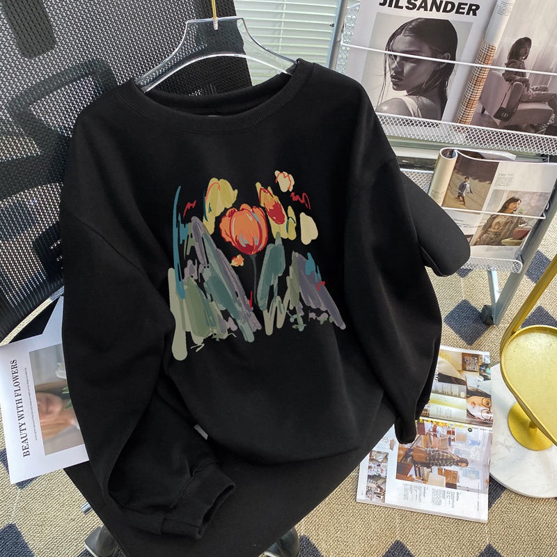 Áo sweater Cổ Tròn Màu Đen In Hình Hoa tulip Xinh Xắn Cho Nữ