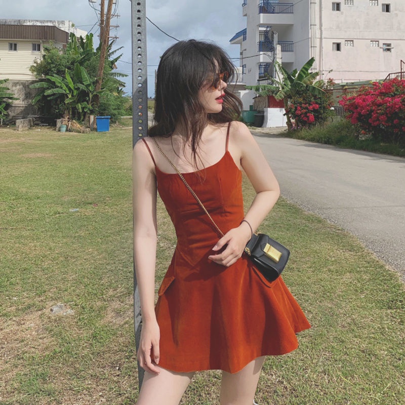 Emily Fashion Shop Trunk orange blossom first love short skirt red sling dress French temperament classic summer skirt