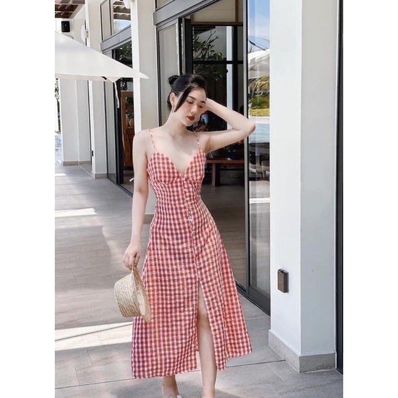VÁY MAXI ZAR* XUẤT XỊN HAI DÂY KẺ Ô HỞ LƯNG GÀI NÚT XẺ TÀ (ảnh thật) AU