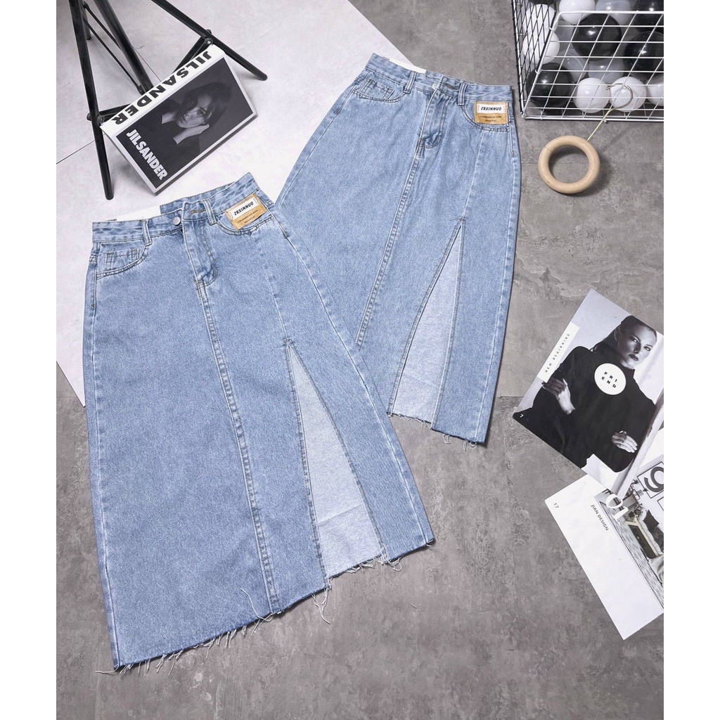 Chân váy jean dáng dài trẻ trung, hiện đại, style độc đáo