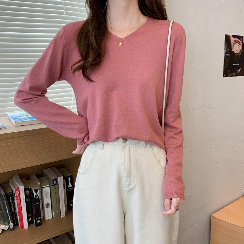 Áo len ZHELIHANGFEI tay dài cổ chữ V dáng ôm thiết kế đơn giản tùy chọn màu sắc