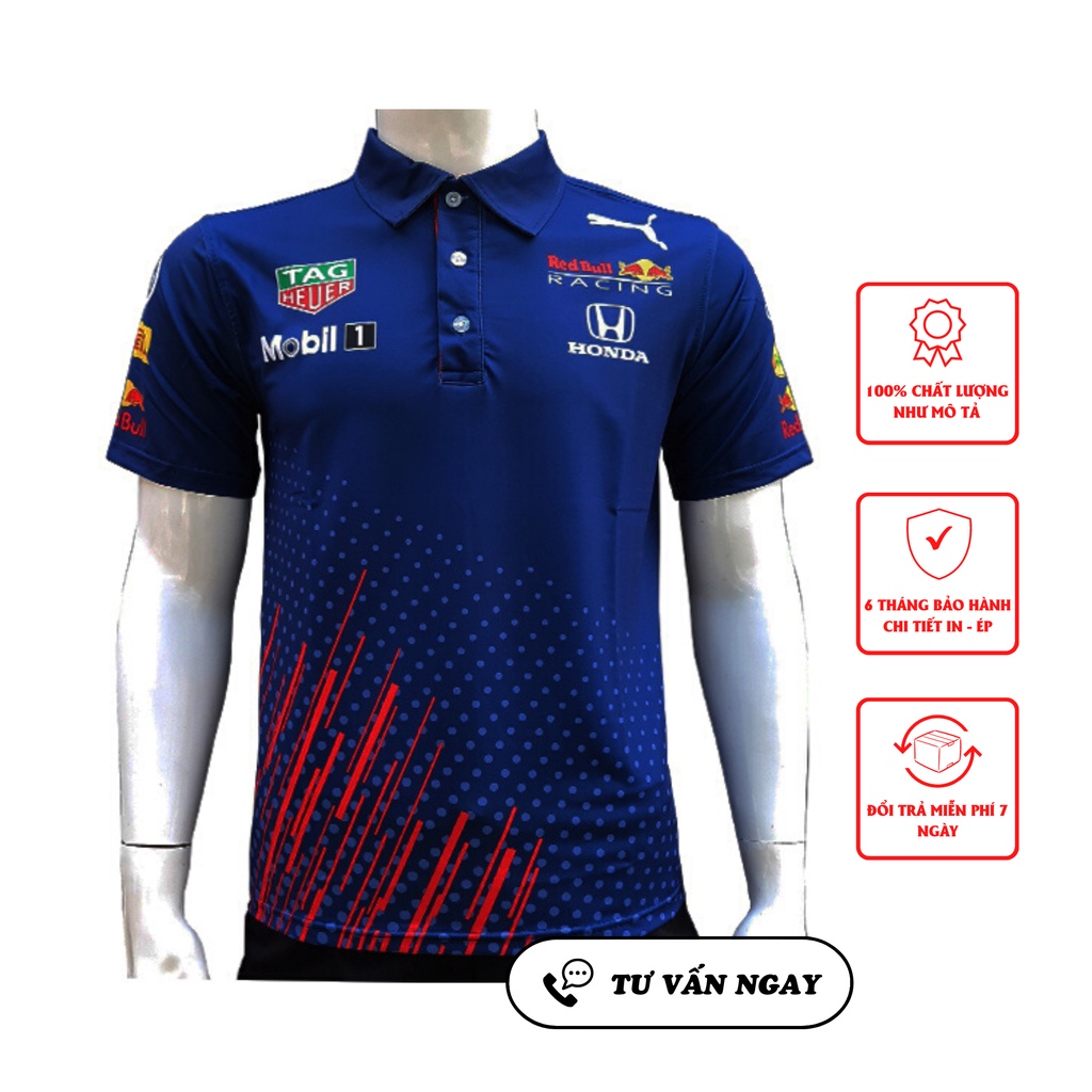 ÁO THUN THỂ THAO CÓ CỔ IN TEM XE MẪU RED BULL