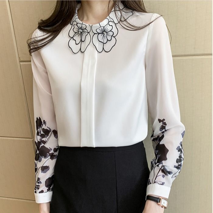 Áo sơ mi chiffon tay dài cổ bẻ thêu họa tiết hoa phong cách Hàn Quốc thời trang mùa thu cho nữ