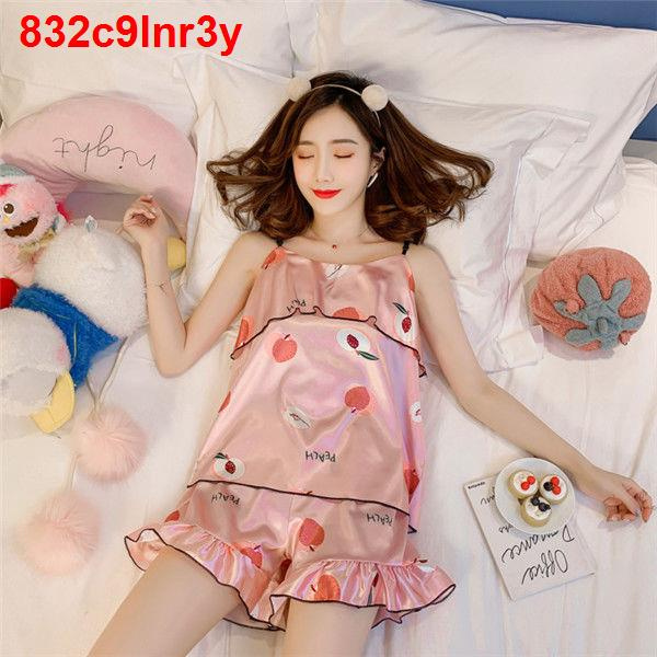 đồ ngủIce silk pyjama nữ mùa hè địu mỏng Hàn Quốc phần dễ thương mô phỏng sinh viên lụa gợi cảm hai mảnh cổ chữ V p