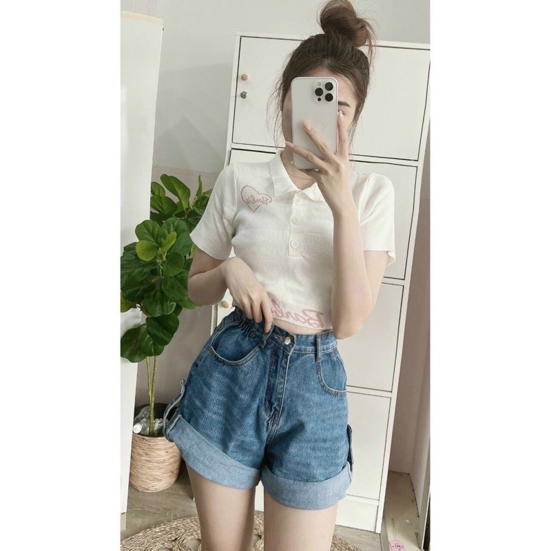 [L2M] Áo len nữ Montoghi dệt kim Quảng Châu Barbie CROPTOP cổ bẻ in hình trái tim cộc tay cực xinh