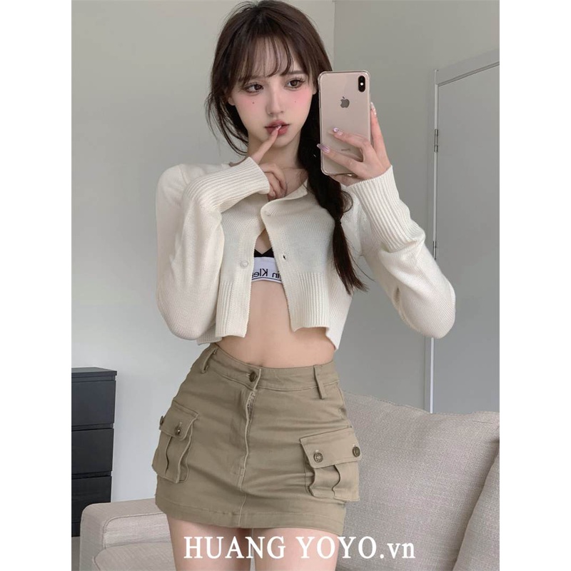 HUANG YOYO Set Áo Thun Dài Tay Cổ Chữ V + Chân Váy Kaki Thời Trang Hàn Cho Nữ