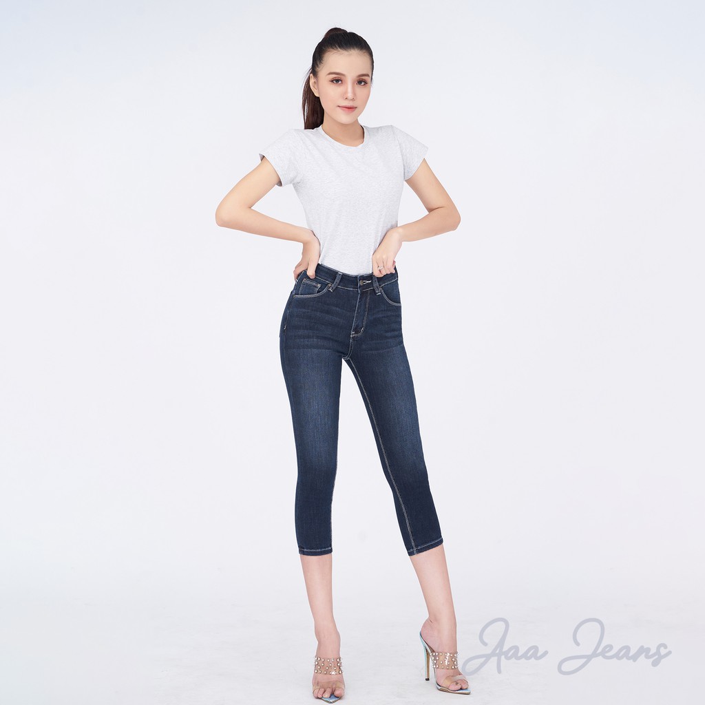 Quần Lửng Jean Nữ Dáng Skinny Lưng Cao Navy Blue Aaa Jeans