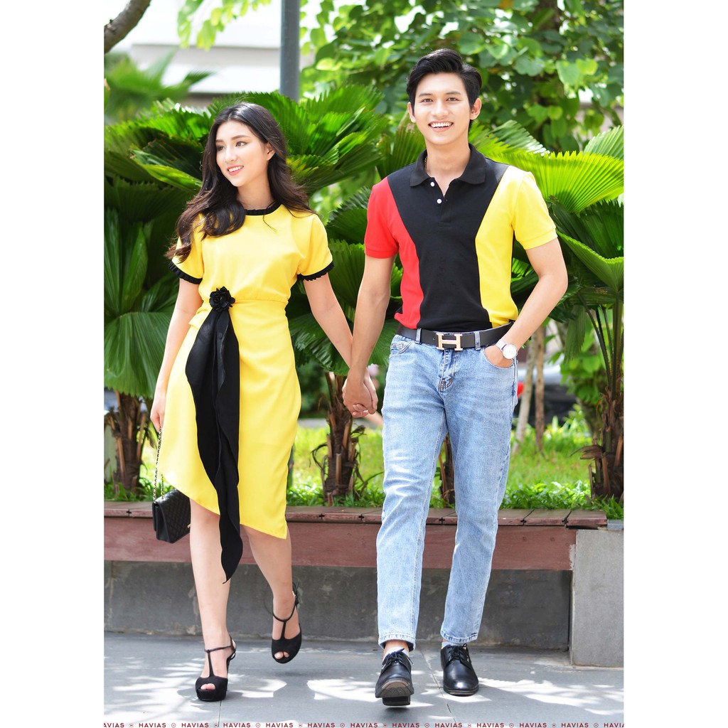 Đồ đôi Đầm Thun Couple Strong Shoulder Polo &amp; Black Band Yellow Dress HAVIAS