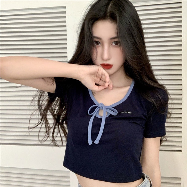 Áo Thun Croptop Cổ Chữ v Thắt Nơ Dáng Ôm Thời Trang Mùa Hè Dành Cho Nữ