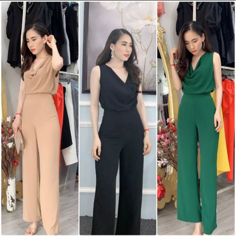 Set bộ công sở, áo cổ đổ, quần ống suông