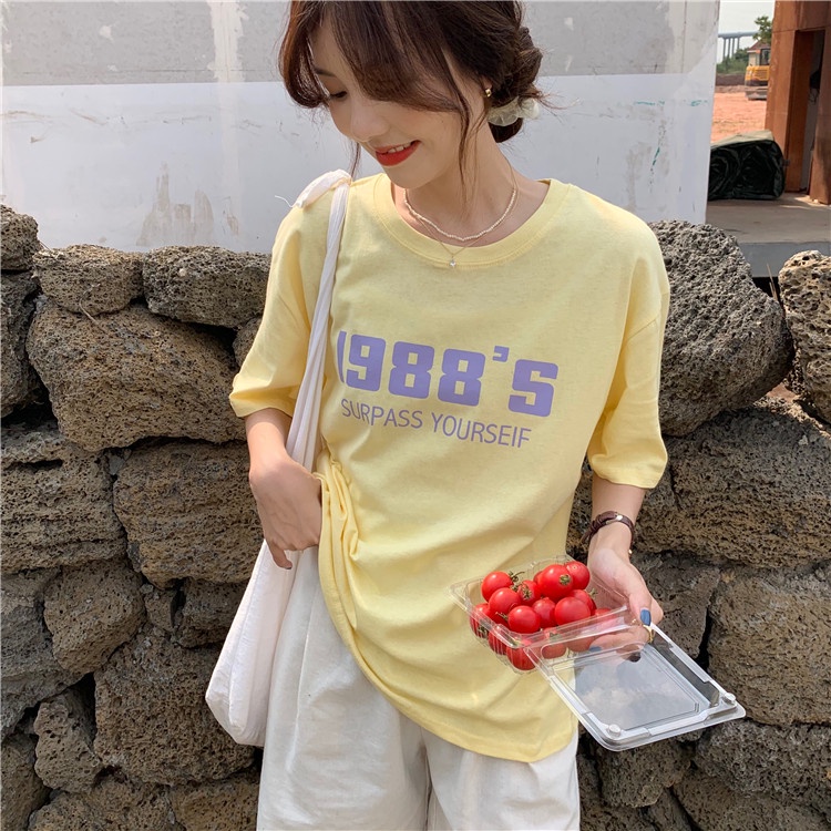 Áo Thun Tay Ngắn Cổ Tròn Màu Trơn In Chữ Chất Liệu Cotton Nguyên Chất 52334