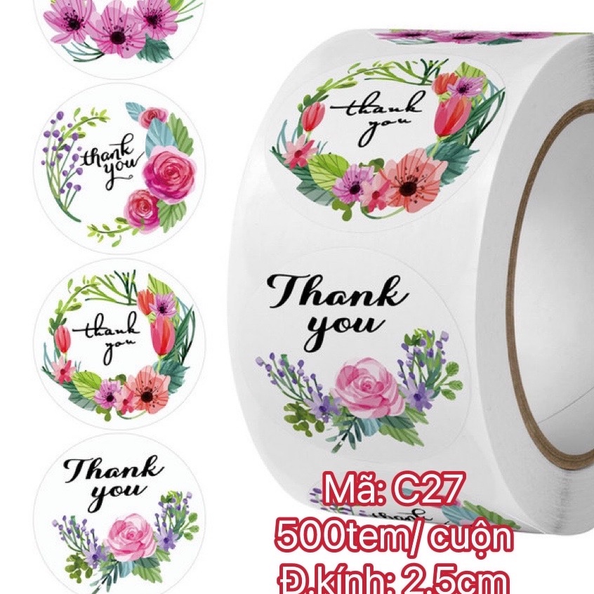 TEM01_STICKER-Tem chữ " Thank you"  SIZE  2.5CM, 500TEM/CUỘN- NHIỀU MẪU ĐẸP