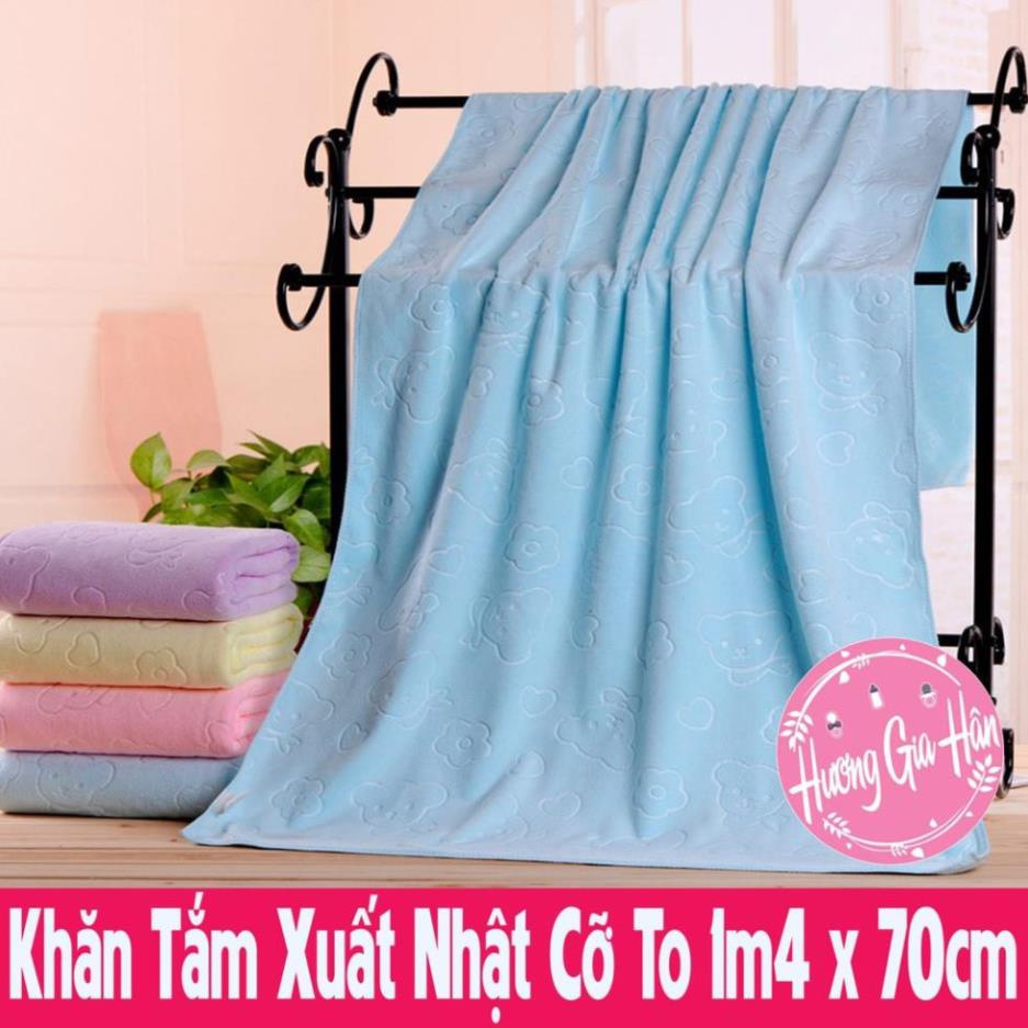 Khăn Tắm Xuất Nhật Cỡ To 1m4 x 70cm Họa Tiết Gấu in Chìm [Thanh Mai Shop]