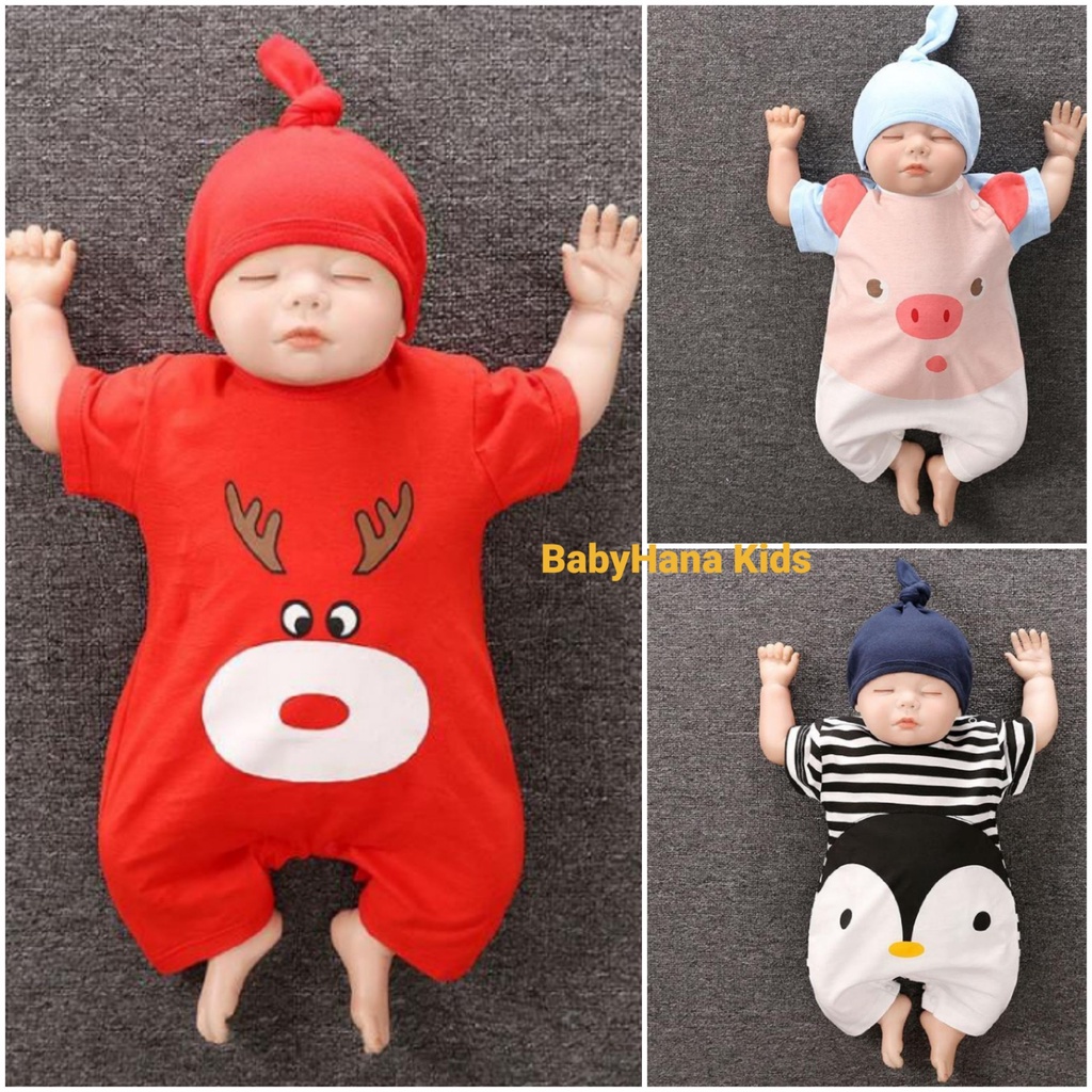 Bộ Body cộc tay kèm mũ cho bé trai bé gái hình thú dễ thương từ 3-12kg