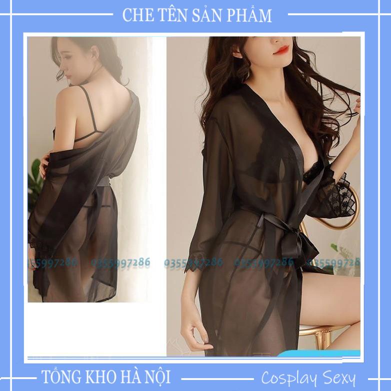 Áo Choàng Ngủ Kèm Set Bikini Cao Cấp, Set Đồ Ngủ Sexy Xuyên Thấu Gồm Áo Choàng + ĐỒ Lót Mã ACBI001, Màu đen,trắng TKVN | BigBuy360 - bigbuy360.vn