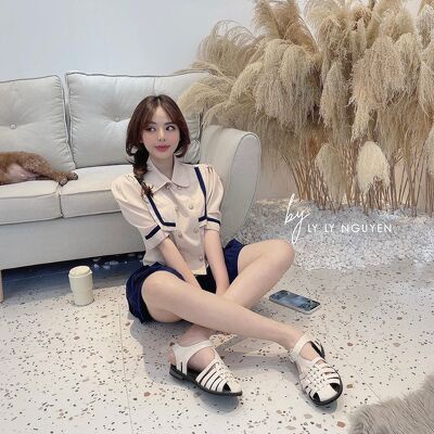 Sét bộ áo khuy cổ bẻ chân váy xếp ly xanh hàng đẹp