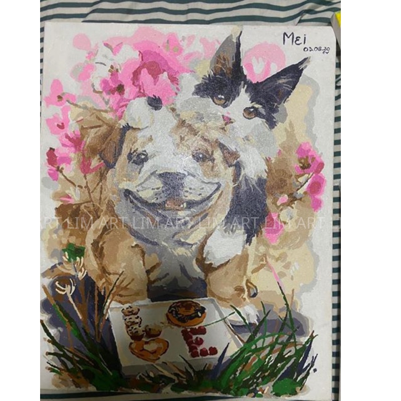 Tranh sơn dầu số hoá có khung LIM Art -Tranh tô màu theo số con chó husky, pug, shiba