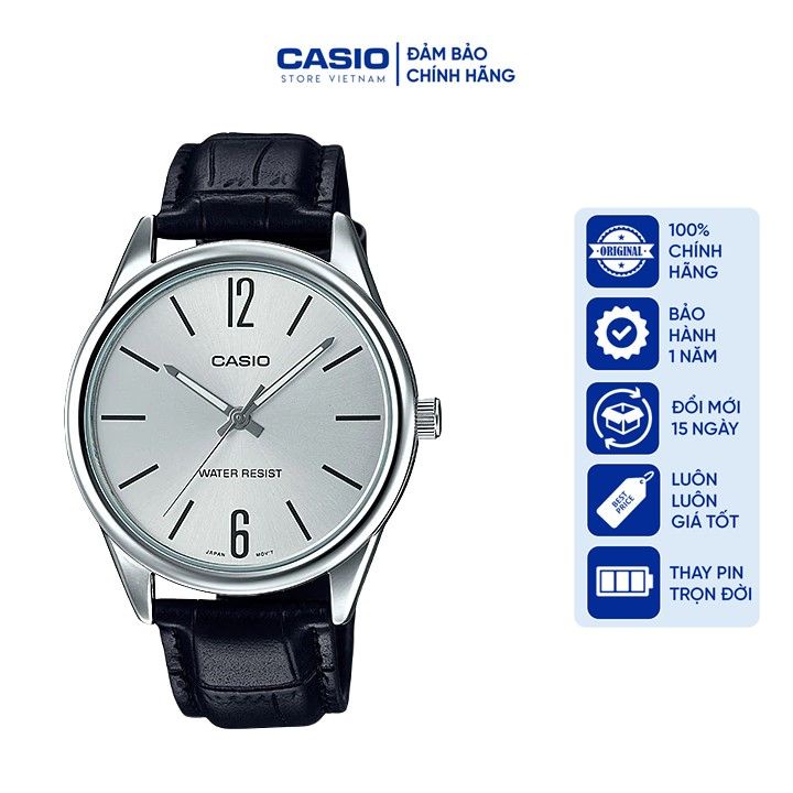 Đồng hồ Nam Casio MTP-V005L-7B, đồng hồ chính hãng, dây da đen mặt trắng