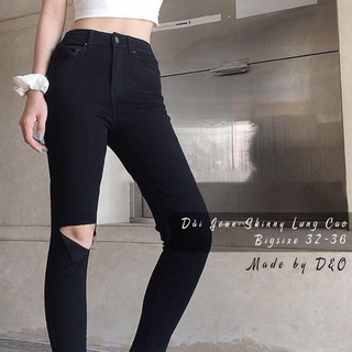 Quần Jeans Size Đại Đen Eo Cao Trên Rốn Rách Gối L / Đen Trơn - Lưng Cao Ôm - Siêu Co Giãn