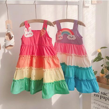 Đầm Kiểu Chắp Vá Hoạ Tiết Hoạt Hình Màu Cầu Vồng Dễ Thương Cho Bé Gái