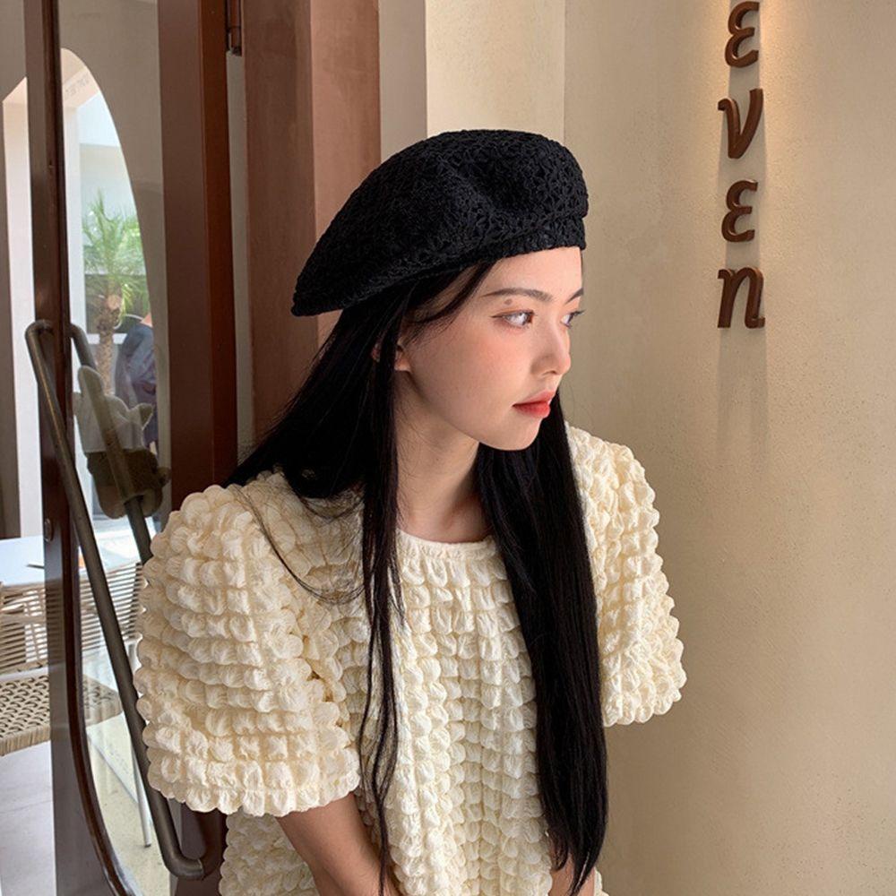 QQMALL Mũ Beret Mỏng Phối Ren Màu Trơn Thời Trang Mùa Hè Cho Nữ