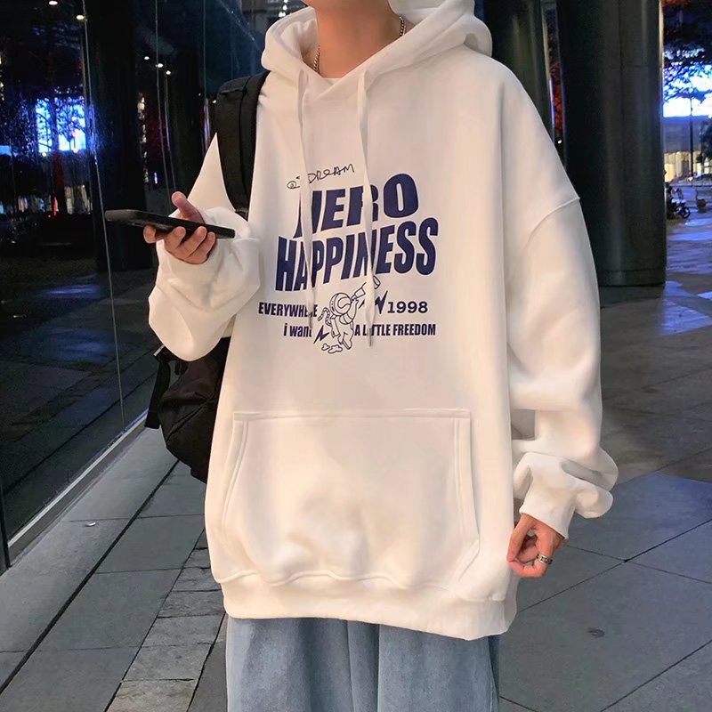 Áo hoodie tay dài dáng rộng in chữ phong cách Nhật Bản thời trang mùa đông cho nam size M-3XL