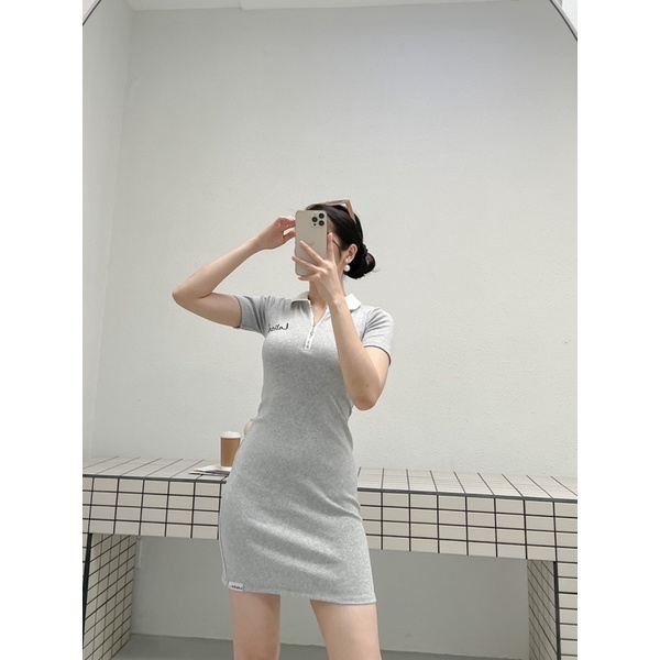Đầm body POLO 2 màu  (Hình shop chụp)  Thun len gân  thêu chữ dây kéo sắt cá tính - Thời Trang VADA (Đ51)