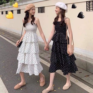 Váy xòe tầng chấm bi trắng, đen