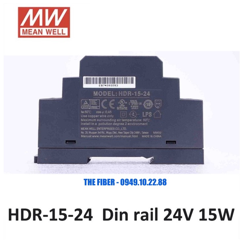 Bộ đổi nguồn điện HDR-15-24 AC220V - DC24V 15W 0.63A gắn thanh RAY - DIN Rail - Hãng Meanwell