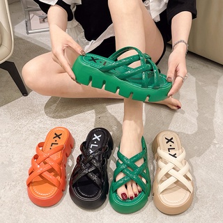 ❤️meimeitao giày sandal dây bện chéo màu xanh lá trơn cho nữ