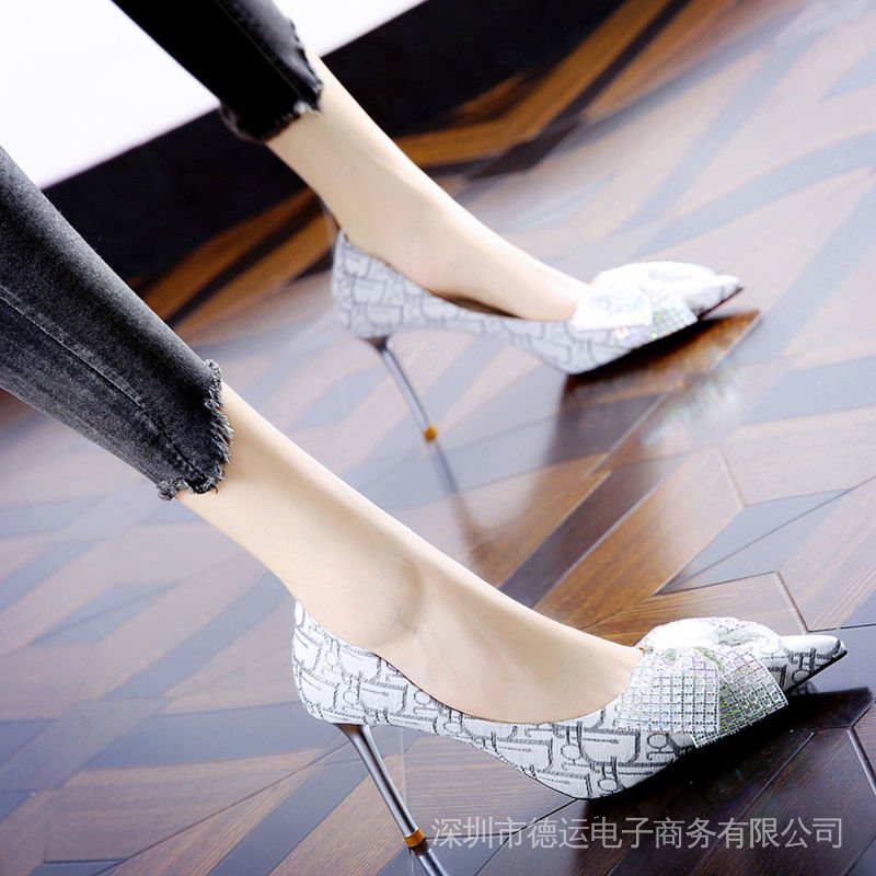 Giày Cao Gót Mũi Nhọn Phối Nơ Đính Đá 21 Màu Sắc Thời Trang Mùa Thu Cho Nữ