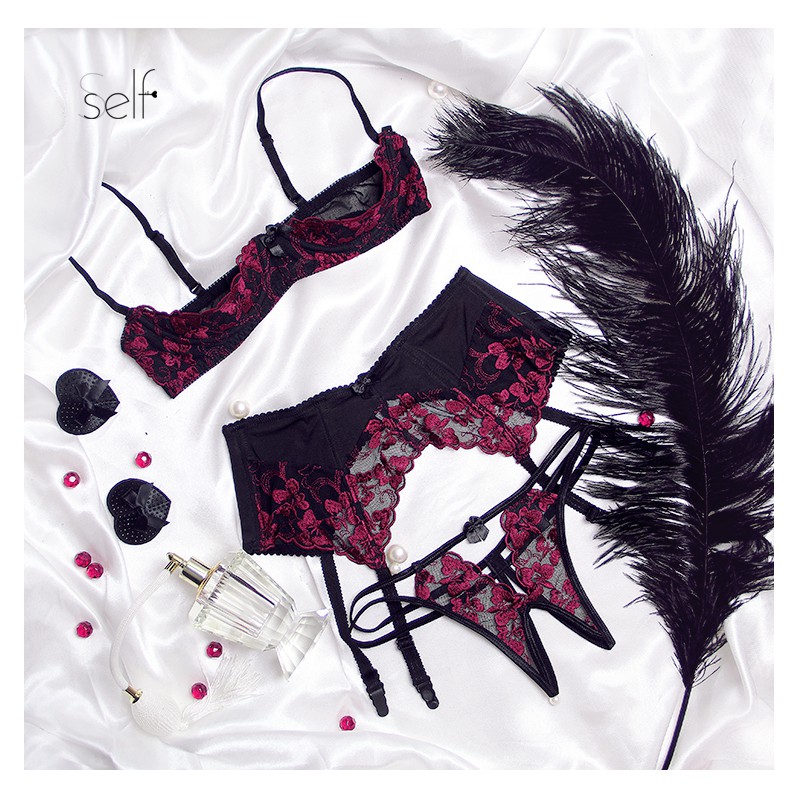 Bộ lót ren hở ngực siêu mỏng có gọng kèm kẹp vớ