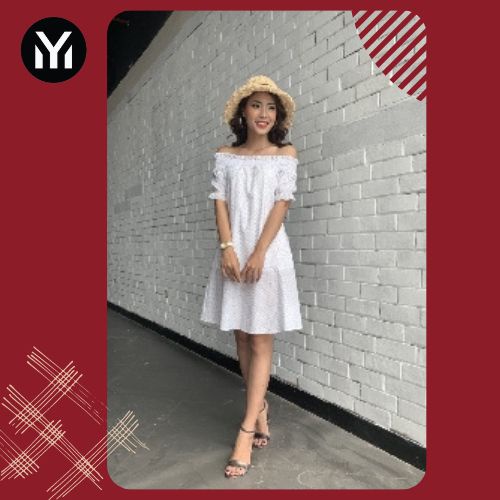 MYM Đầm Trễ Vai, Chấm bi, Hai lớp, Thời Trang Thiết Kế