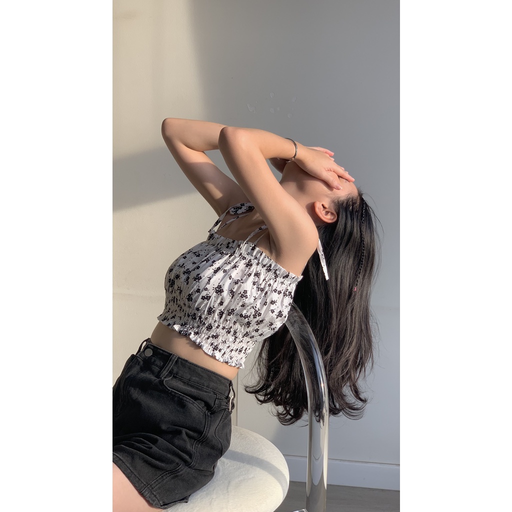 Áo hai dây nữ dáng ngắn nơ vai vải hoa mềm siêu xinh TKA330 LOLLIE STUDIO