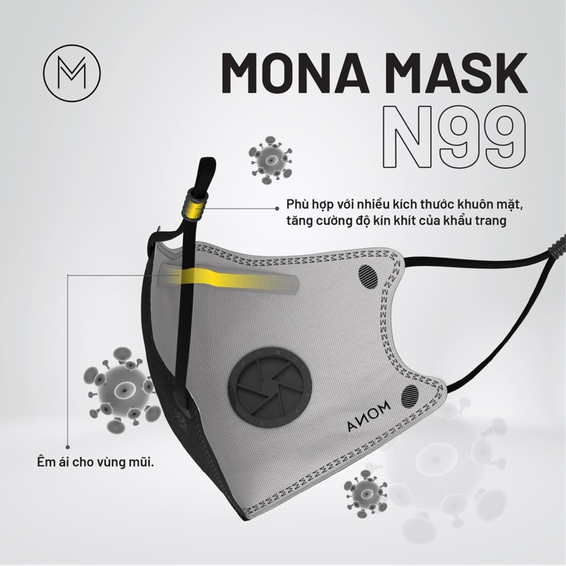 Khẩu Trang Bảo Hộ Mona Mask N99 Có Van Thở Chống Nắng Dễ Thở Với 6 Lớp Lọc Công Nghệ Nano Có Thể Tái Sử Dụng