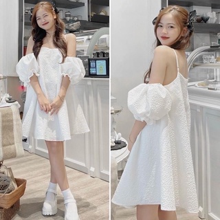 [ Ảnh thật ] Đầm nữ hai dây tay bồng dáng xòe chất xốp nổi Quảng Châu - Váy xoè hai dây phối tay bồng chất xốp gân 2 lớp