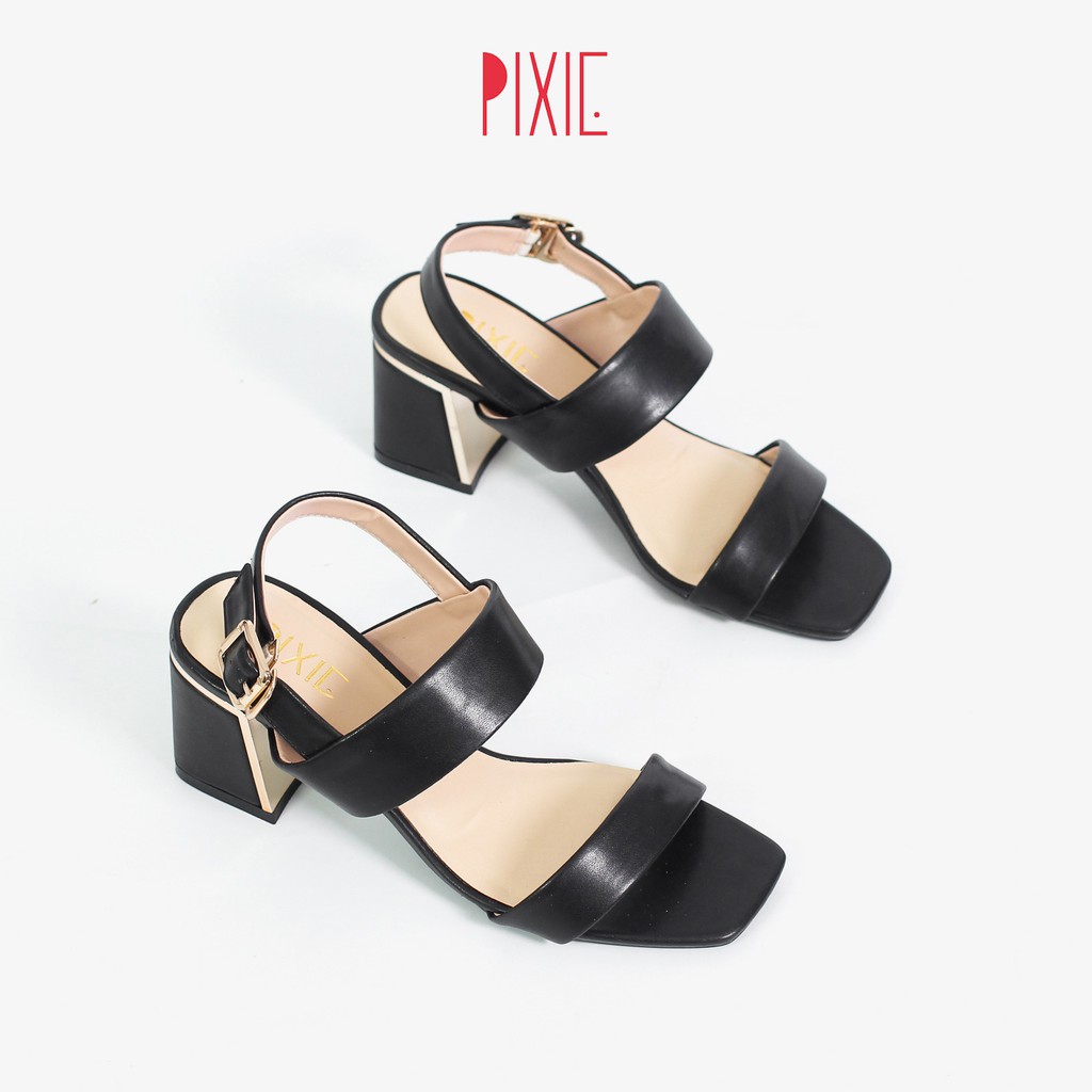  Giày Sandal Cao Gót 5cm Đế Vuông Ốp Đồng Quai Ngang Màu Đen Pixie X462