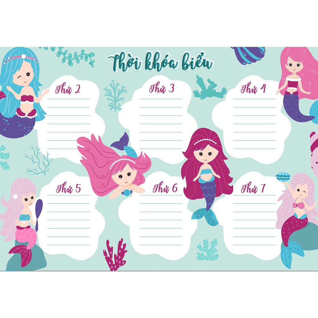 Set 2 thời khóa biểu - timetable BTS, khủng long, nàng tiên cá, Avenger giấy decan dễ thương kích thước A5