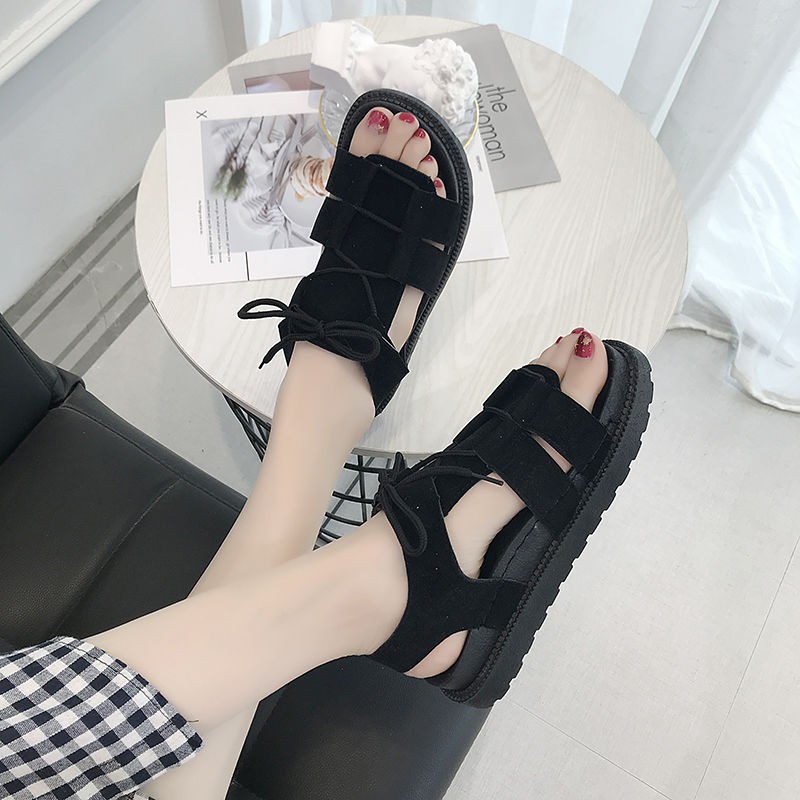 Giày Sandal Đế Bằng Thắt Dây Phong Cách Harajuku Cho Nữ