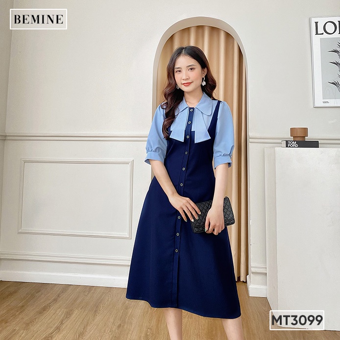 Đầm phối tay cổ sơ mi nơ BEMINE MT3099XANH ĐEN | BigBuy360 - bigbuy360.vn