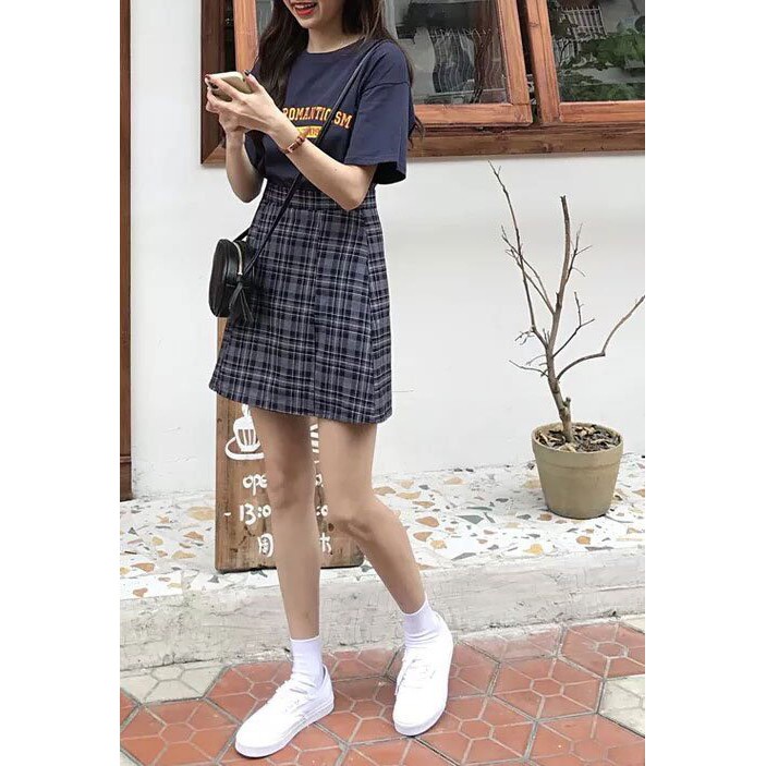 SET ÁO PHÔNG XANH THAN MIX CHÂN VÁY CARO KẺ NEO 1950-2009 Ulzzang có lót trong