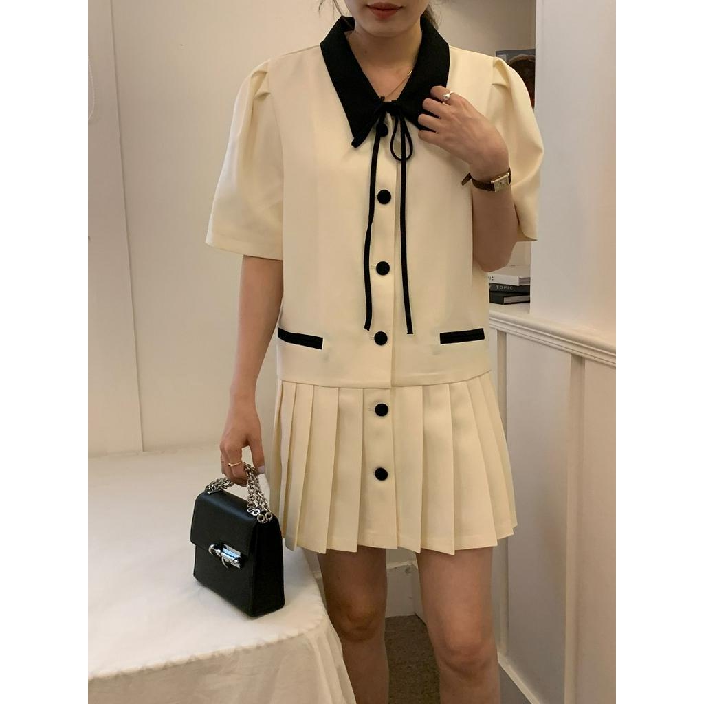 Đầm Ngắn Xếp Ly Dáng Rộng Màu Sắc Tương Phản Phong Cách Hàn Quốc 62585