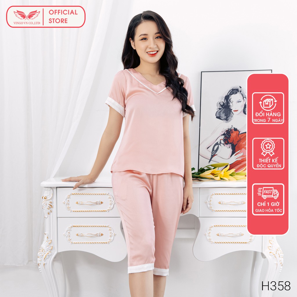 Bộ Đồ Nữ Pyjama Mặc Nhà VINGO  Lụa Hàn Trơn Tay Cộc Quần Lửng Cổ V Phối Viền Trắng H358 VNGO - TCTL | BigBuy360 - bigbuy360.vn