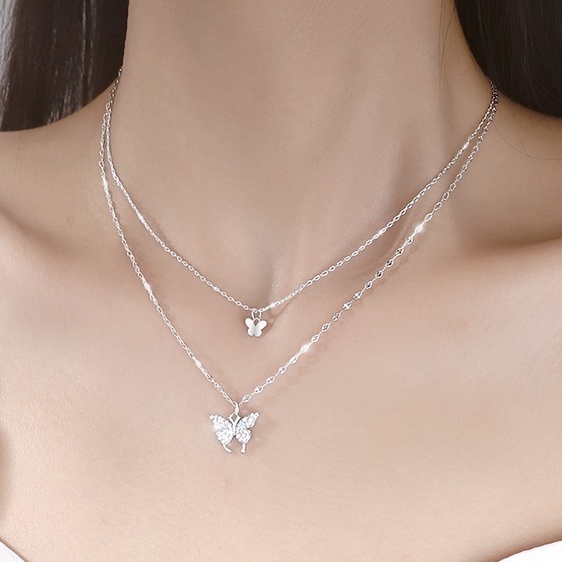 Vòng cổ nữ bạc ý 925 bươm bướm 2 lớp dây chuyền nữ