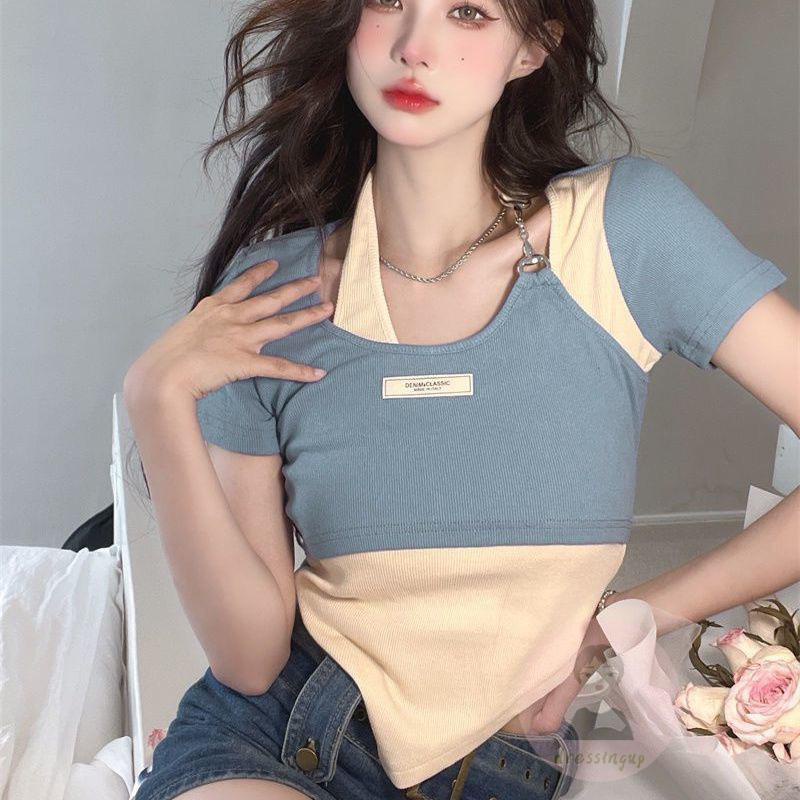 Áo Thun Tay Ngắn Cổ Yếm Màu Sắc Tương Phản Thời Trang Mùa Hè Dành Cho Nữ