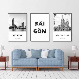 Bộ 3 tranh canvas Sài Gòn trắng đen